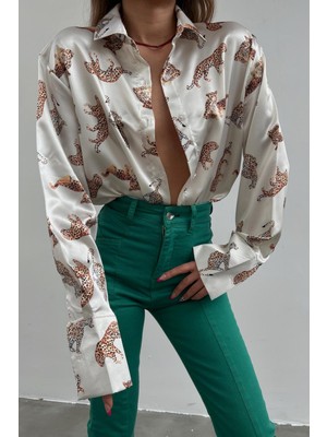 Madmext Mad Girls Leoparlı Ekru  Saten Gömlek MG187