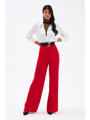 Sateen Pileli Krep Pantolon - Kırmızı