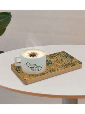 BK Kişiye Özel Retro Motif Tasarımlı Doğal Ahşap Tabaklı Seramik Fincan Sunum Seti  Model 11