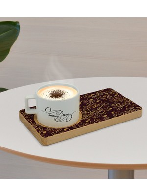 BK Kişiye Özel Retro Motif Tasarımlı Doğal Ahşap Tabaklı Seramik Fincan Sunum Seti  Model 13