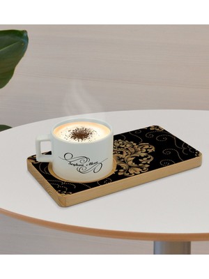 BK Kişiye Özel Retro Motif Tasarımlı Doğal Ahşap Tabaklı Seramik Fincan Sunum Seti  Model 10