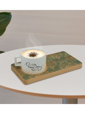 BK Kişiye Özel Retro Motif Tasarımlı Doğal Ahşap Tabaklı Seramik Fincan Sunum Seti  Model 5