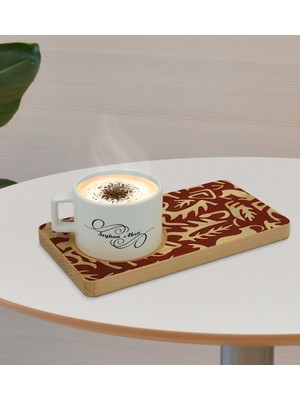 BK Kişiye Özel Retro Motif Tasarımlı Doğal Ahşap Tabaklı Seramik Fincan Sunum Seti  Model 2
