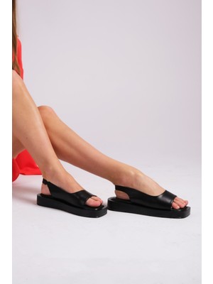 Mio Gusto Riez Hakiki Deri Siyah Kalın Taban Kadın Sandalet