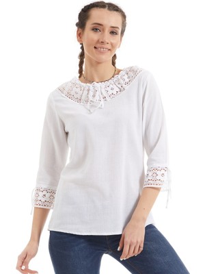 Newbutix Şile Bezi Beyaz Dantel Yaka Yarım Kol  Bluz