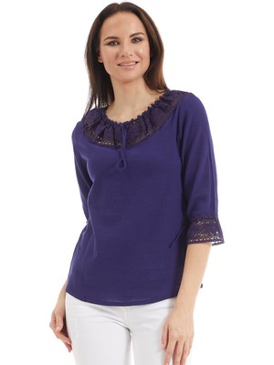 Newbutix Şile Bezi Mor Dantel Yaka Yarım Kol  Bluz