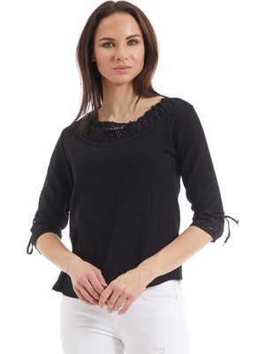 Newbutix Şile Bezi Siyah Dantel Yaka Yarım Kol  Bluz