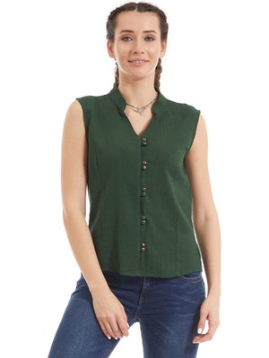 Newbutix Şile Bezi Yeşil Düğmeli Bluz