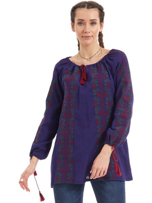 Newbutix Şile Bezi Uzun Kol Mor Nakışlı Bluz