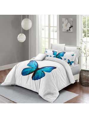 Monohome Blue Butterfly Çift Kişilik Nevresim Takımı 3D Pamuk Saten