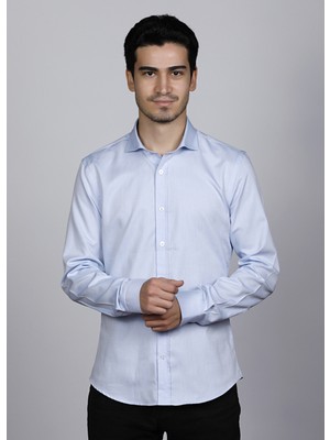 Salve %100 Pamuk Slim Fit Armürlü Desen Italyan Yaka Mavi Gömlek 22135