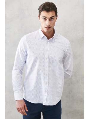 Altınyıldız Classics Erkek Beyaz-mavi Slim Fit Dar Kesim Düğmeli Yaka Baskılı Casual Gömlek