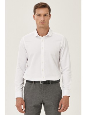 Ac&Co / Altınyıldız Classics Erkek Beyaz Tailored Slim Fit Dar Kesim Küçük İtalyan Yaka Armürlü Gömlek