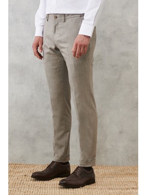 ALTINYILDIZ CLASSICS Erkek Kahverengi-Beyaz Slim Fit Dar Kesim Armürlü Beli Lastikli Pantolon