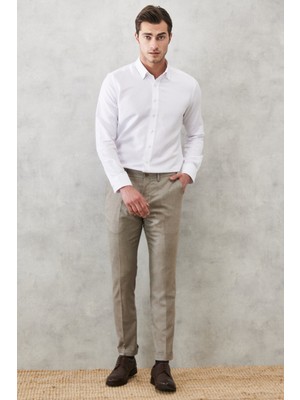 ALTINYILDIZ CLASSICS Erkek Kahverengi-Beyaz Slim Fit Dar Kesim Armürlü Beli Lastikli Pantolon