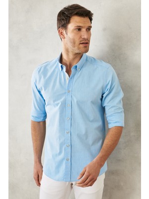 Altınyıldız Classics Erkek Mavi Slim Fit Dar Kesim Düğmeli Yaka %100 Pamuk Düz Casual Gömlek