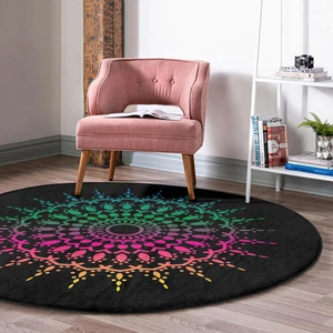 Real Homes Siyah Zeminde Pembe Yeşil Mandala Motifli Renkli Salon ve Oturma Odası Yıkanabilir Kaymaz Tabanlı Yuvarlak Halı