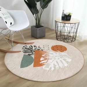 Real Homes Pastel Zeminli Yaprak Desenli Dijital Baskılı Modern Renkli Salon ve Oturma Odası Yıkanabilir Kaymaz Tabanlı Yuvarlak Halı