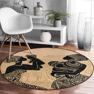 Real Homes Etnik Desen Zeminli Bebekli Afrika Kadın Motifli Modern Kahverengi Outdoor Yıkanabilir Kaymaz Tabanlı Yuvarlak Halı