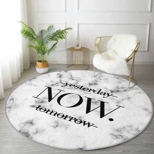 Real Homes Mermer Zeminde Now Yazılı Özel Tasarım Modern Siyah Salon ve Oturma Odası Yıkanabilir Kaymaz Tabanlı Yuvarlak Halı