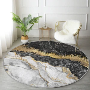 Real Homes Modern Siyah Beyaz Altın Mermer Motifli Dijital Baskılı Salon ve Oturma Odası Yıkanabilir Kaymaz Tabanlı Yuvarlak Halı