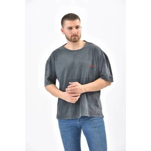 Antrasit Bisiklet Yaka Nakış Detaylı T-Shirt