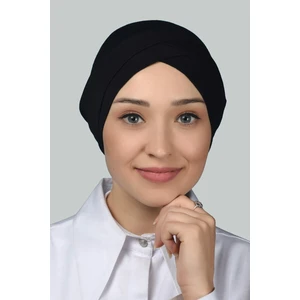 Dört Bantlı Çapraz Dış Tesettür Bonesi Hazır Türban Penye -Siyah