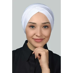 Dört Bantlı Çapraz Dış Tesettür Bonesi Hazır Türban Penye -Beyaz