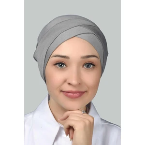 Dört Bantlı Çapraz Dış Tesettür Bonesi Hazır Türban Penye - Gri