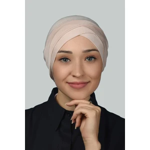 Dört Bantlı Çapraz Dış Tesettür Bonesi Hazır Türban Penye - Bej