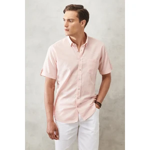 Altınyıldız Classics Erkek Pembe Comfort Fit Rahat Kesim Düğmeli Yaka Keten Görünümlü %100 Pamuk Kısa Kollu Gömlek