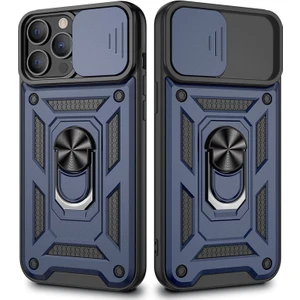 Apple iPhone 13 Pro Kılıf  Sert Silikon Tank Aramid Sürgülü Vega Yüzüklü Lacivert