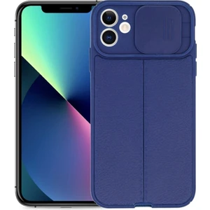 Apple iPhone 11 Kılıf Kamera Sürgülü Deri Dokulu Mat Silikon Lacivert