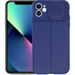 Apple iPhone 12 Kılıf Kamera Sürgülü Deri Dokulu Mat Silikon Lacivert