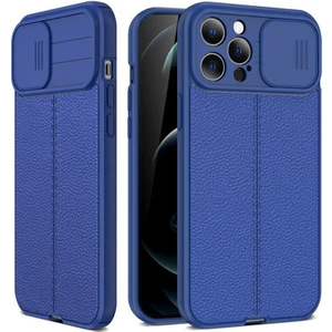 Apple iPhone 13 Pro Max Kılıf Kamera Sürgülü Deri Dokulu Mat Silikon Lacivert