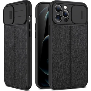 Apple iPhone 13 Pro Max Kılıf Kamera Sürgülü Deri Dokulu Mat Silikon Siyah