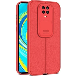 Xiaomi Redmi Note 9 Pro Kılıf Kamera Sürgülü Deri Dokulu Mat Silikon Kırmızı