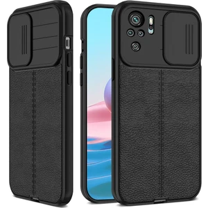 Xiaomi Redmi Note 10 Kılıf Kamera Sürgülü Deri Dokulu Mat Silikon Siyah