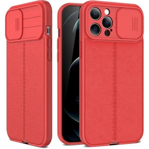 Apple iPhone 13 Pro Max Kılıf Kamera Sürgülü Deri Dokulu Mat Silikon Kırmızı