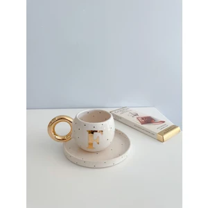 Mug Tasarım 24K Altın Yaldızlı Puantiyeli Double Türk Kahvesi Fincanı- F Harfi