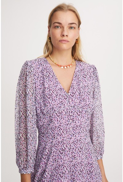 Perspective Sally Regular Fit V Yaka Çiçekli Menekşe Rengi Elbise
