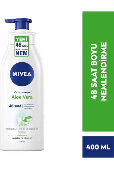 NIVEA Aloe Vera Vücut Losyonu 400ml, Normal / Kuru Ciltler için, Derinlemesine Nemlendirici Serum ve Aloe vera ile 48 Saat Vücut Nemlendirme