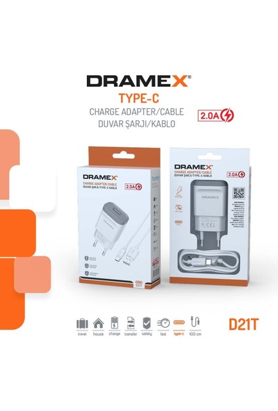 Dramex 2.0A Type-C Girişli Şarj Adaptörü ve Kablosu