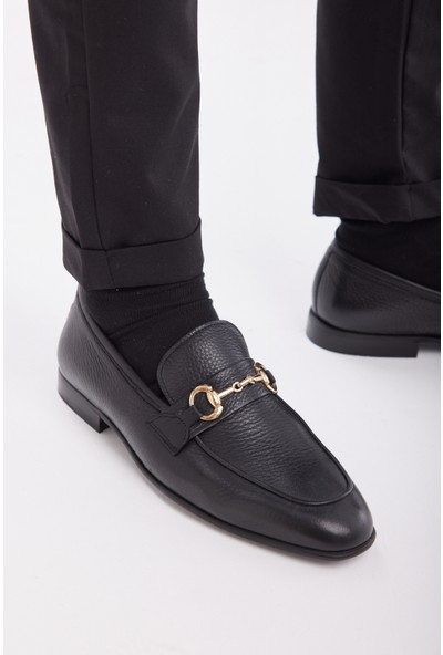 Derinet Siyah Hakiki Deri Tokalı Erkek Loafer Ayakkabı