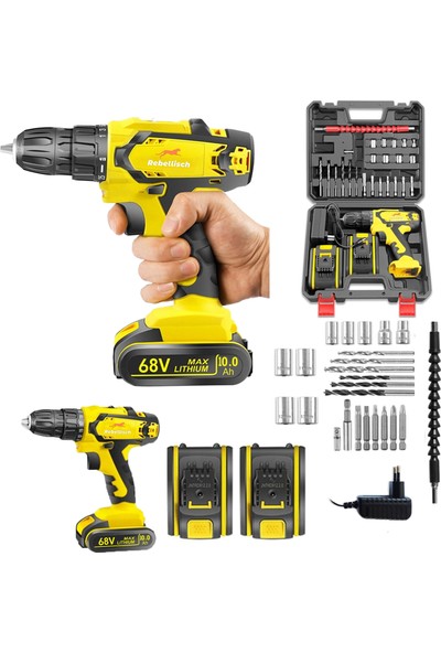 Rebellisch Germany 68 V 10 Ah Extreme Quality Series Darbeli Metal Şanzıman Çift Akülü Vidalama Matkap + 27 Parça Setli