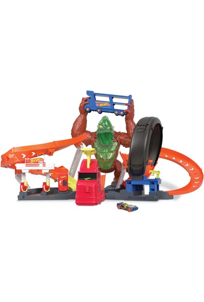 Hot Wheels Zehirli Goril Saldırısı Benzin İstasyonu ve Lastik Tamiri Dükkanı Oyunu Setleri, Fırlatıcılı, Işıklı ve Sesli, 1 Adet 1:64 Ölçekli Araba Dahil GTT94