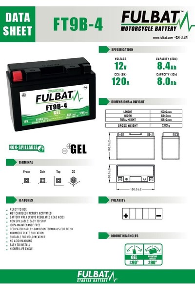 Fulbat Yamaha XT660 Z Tenere Abssiz 04- Fulbat FT9B-4 YT9B-4 Jel Akü