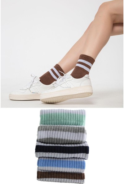 Trick or Treat 5'li Paket Farklı Renklerde Pamuklu Beyaz Çizgili Unisex Kadın Erkek Çorap