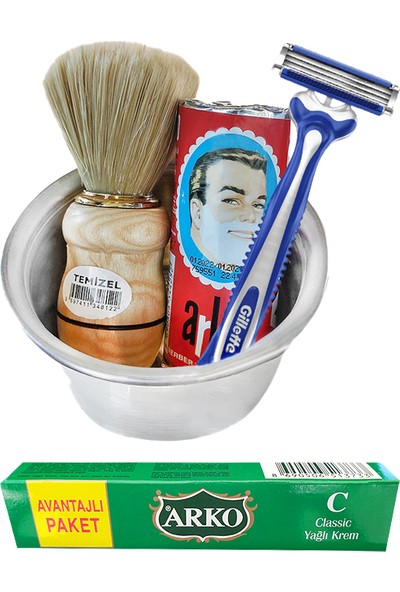 Arko Tıraş Seti - Arko Tıraş Sabunu, Metal Tıraş Kasesi, Tıraş Fırçası, Gilette Blue3, 30 Cc Krem