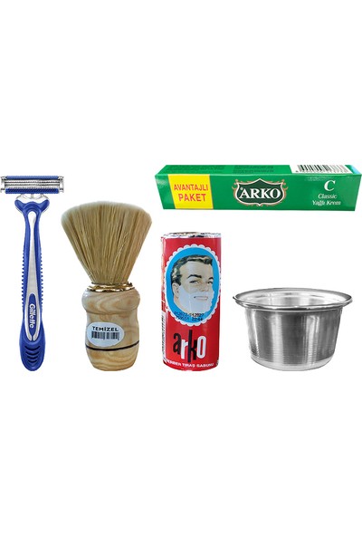 Arko Tıraş Seti - Arko Tıraş Sabunu, Metal Tıraş Kasesi, Tıraş Fırçası, Gilette Blue3, 30 Cc Krem